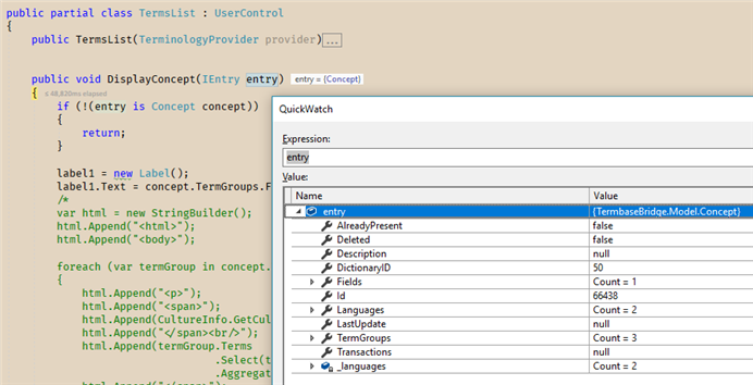 Screenshot of Trados Studio code showing the TermsList class with DisplayConcept method and a QuickWatch window displaying the 'entry' object properties.