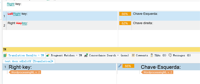 Trados Studio interface showing translation results with two entries. The first entry has a 66% match labeled 'Right key' and 'Chave-Esquerda'. The second entry has a 62% match labeled 'Right Key' and 'Chave-direita'.