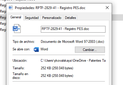 Screenshot of file properties dialog box showing the file type as 'Documento de Microsoft Word 97-2003 (doc)' with Word icon.