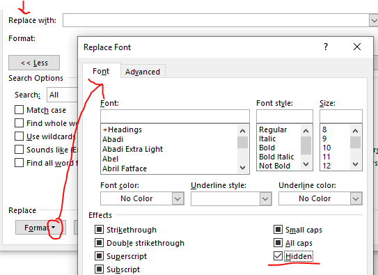 'Replace Font' dialog box with 'Hidden' checkbox selected under 'Effects'.