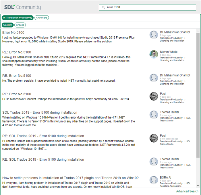 Screenshot of SDL Community forum with search results for 'error 5100' in Trados Studio. Posts discuss issues with .NET Framework and installation errors.
