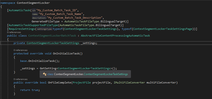 Screenshot of Trados Studio code editor showing the implementation of OnFileComplete method returning true in a batch task class.