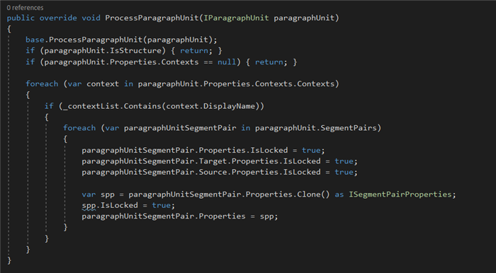 Screenshot showing a method in an IDE that processes a paragraph unit and sets the IsLocked property to true for segment pairs.