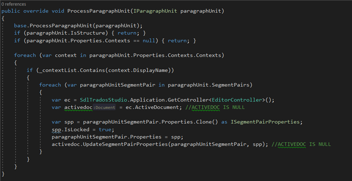 Screenshot of code with a comment indicating that the activeDocument is null when trying to update segment pair properties.