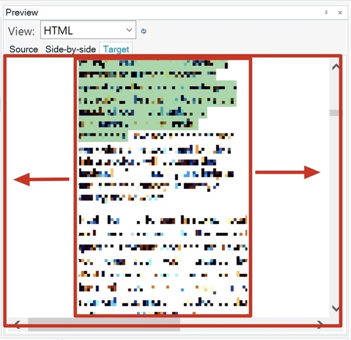 Screenshot of Trados Studio Ideas Preview Pane with excessive margins on the left and right, text is not fitting to width.
