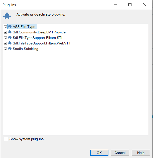 Screenshot of Trados Studio plugin management window showing activated plugins including ASS File Type, Sdl.Community.DeepLMTProvider, Sdl.FileTypeSupport.Filters.STL, Sdl.FileTypeSupport.Filters.WebVTT, and Studio Subtitling.