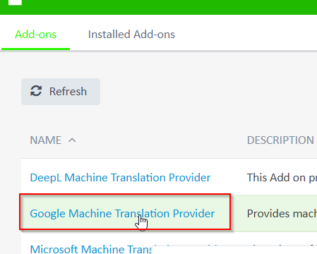 RWS AppStore add-ons page with 'Google Machine Translation Provider' highlighted among other translation provider options.