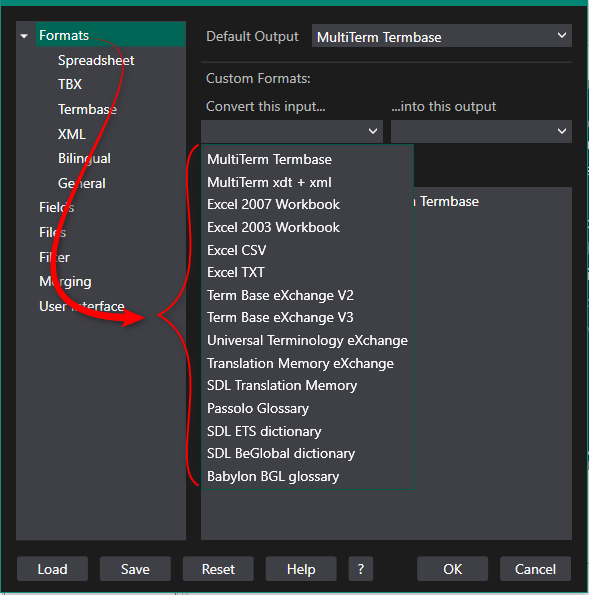 Screenshot of Trados Studio Glossary Converter settings showing various input and output formats for conversion.