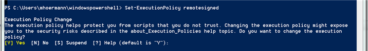 Windows PowerShell prompt showing the execution of 'Set-ExecutionPolicy remotesigned' command with a prompt asking for confirmation to change the execution policy.