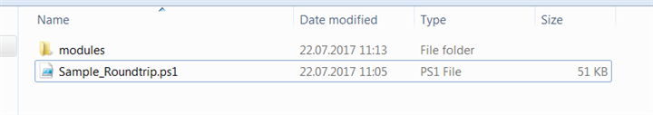 Windows Explorer window showing a 'modules' folder and 'Sample_Roundtrip.ps1' PowerShell script file with a size of 51 KB, last modified on 22.07.2017 at 11:05.