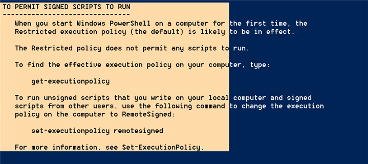 Text document explaining how to permit signed scripts to run in Windows PowerShell, including the command 'set-executionpolicy remotesigned'.
