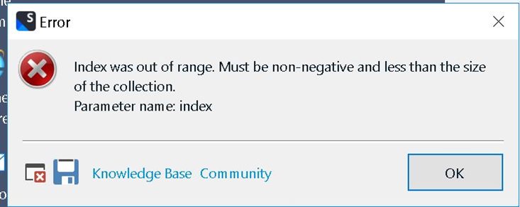 Error message in Trados Studio stating 'Index was out of range. Must be non-negative and less than the size of the collection. Parameter name: index' with an OK button.