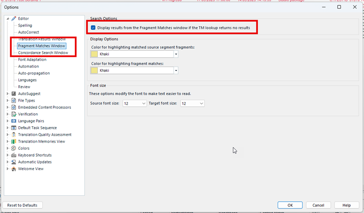 Options window showing 'Fragment Matches Window' and 'Concordance Search Window' highlighted, with a checkbox for displaying results if TM lookup returns no results.