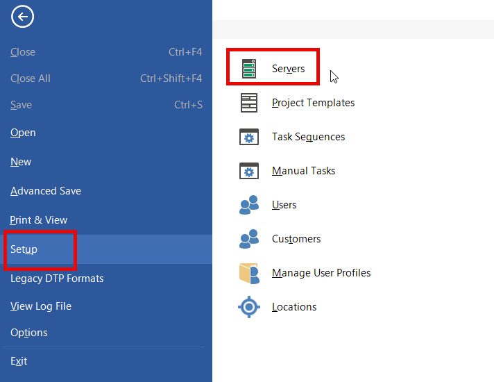 Trados Studio interface showing the File menu with Setup and Servers options highlighted in red.