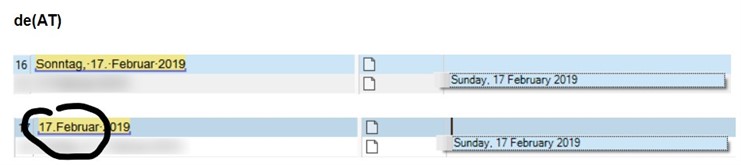 Screenshot of Trados Studio showing a date format error where '17. Februar 2019' is missing a space between '17.' and 'Februar' in the source language column.