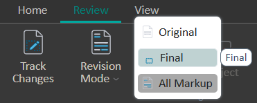 Screenshot of the Review tab in Trados Enterprise showing Track Changes and Revision Mode options. The Revision Mode dropdown is expanded, highlighting Final and All Markup options.