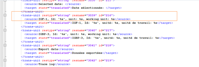 Screenshot of an XML code snippet from Trados Studio with highlighted text showing the translation unit ID '216' for the segment 'IGP-1, Id: 's', unit: %s, working unit: %s'.
