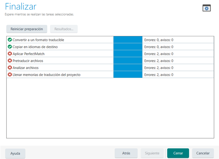 Screenshot of the Trados Studio task completion screen showing tasks with errors. Tasks include 'Convert to translatable format' (no errors) and others with 2 errors each.