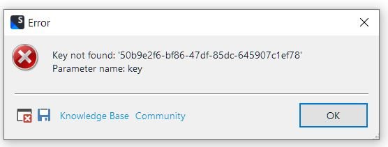 Error dialog box showing 'Key not found: 'xxxxxxxx-xxxx-xxxx-xxxx-xxxxxxxxxxxx' Parameter name: key'.