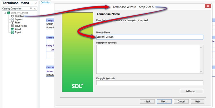 Screenshot of Trados Studio Termbase Wizard showing step 2 of 5 with a focus on the Termbase Name section. A red arrow points to the Friendly Name field which contains the text 'asd MT Convert'.