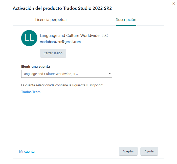 Activation window for Trados Studio 2022 SR2 showing account Language and Culture Worldwide, LLC with subscription Trados Team selected.