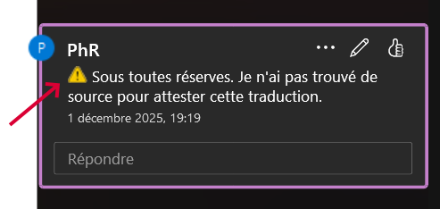 A comment in a black box with a yellow warning icon, written in French, stating no source was found to confirm the translation. A red arrow points to the warning icon.