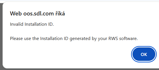 Error message from Web oos.sdl.com stating 'Invalid Installation ID. Please use the Installation ID generated by your RWS software.' with an 'OK' button.
