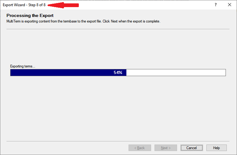 Screenshot of Trados Studio's Export Wizard at Step 8 of 8, displaying a progress bar at 54% for exporting items.