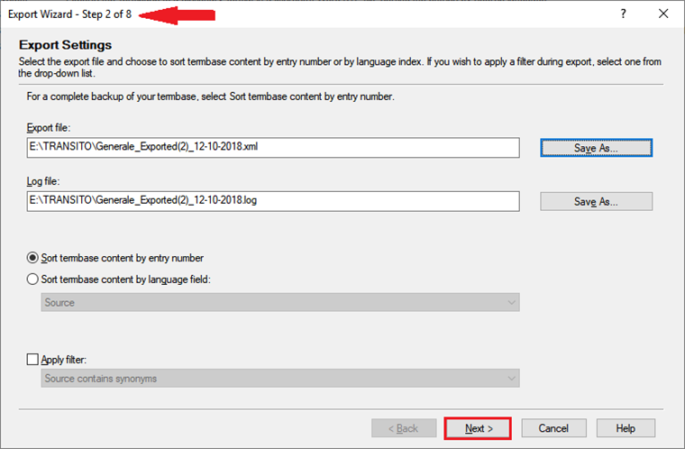 Screenshot of Trados Studio's Export Wizard at Step 2 of 8, showing options to sort term base content and apply filters.