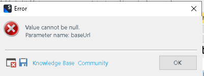 Error message window in Trados Studio stating 'Value cannot be null. Parameter name: baseUrl'.