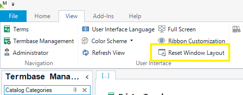 Screenshot of the View menu in the application, with a yellow highlight around the Reset Window Layout option.