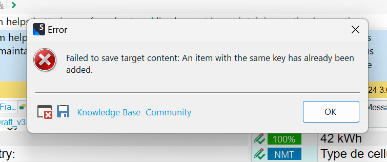 Error message in Trados Studio stating 'Failed to save target content: An item with the same key has already been added.' with an OK button.