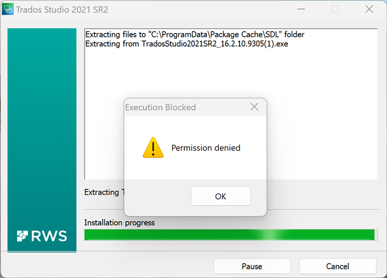 Trados Studio 2021 SR2 installation window showing progress bar and an error popup titled 'Execution Blocked' with a warning icon and the message 'Permission denied'.