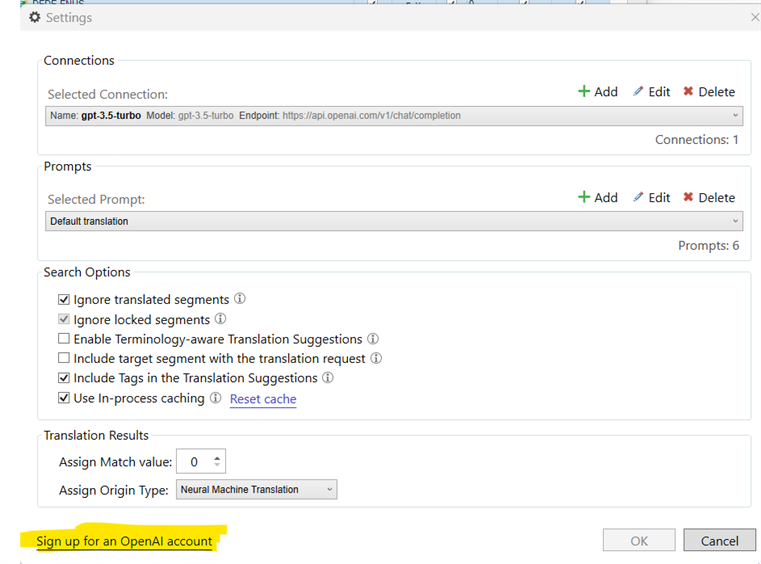 Trados Studio settings window showing Connections and Prompts sections with a selected connection named 'gpt-3.5-turbo' and a default prompt. The OK button is greyed out at the bottom.
