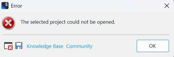 Error dialog box from Trados Studio with a red 'X' icon, stating 'The selected project could not be opened.' with 'Knowledge Base' and 'Community' buttons below.