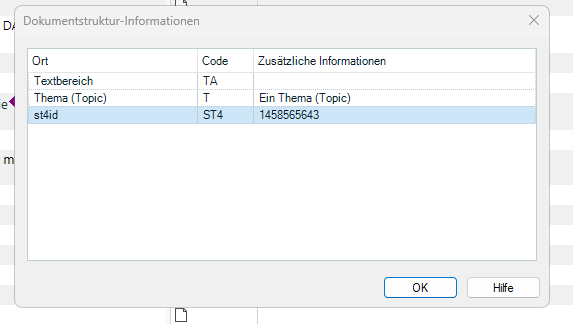 A dialog box titled 'Dokumentstruktur-Informationen' showing a table with columns 'Ort', 'Code', and 'Zus tzliche Informationen'. The row 'st4id' has the code 'ST4' and value '1458565643'.
