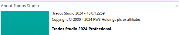 About Trados Studio window showing version number 18.0.1.2259 and copyright notice for RWS Holdings plc or affiliates from 2000 to 2024, with Trados Studio 2024 Professional mentioned.