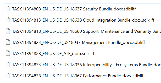 List of files with TASK prefix followed by numbers and ending with 'Security Bundle_docx.sdlxliff' and similar naming conventions.