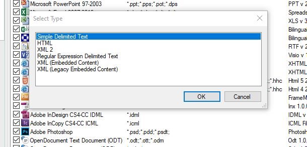 A pop-up window titled 'Select Type' with a list of file formats including Simple Delimited Text, HTML, and XML options.