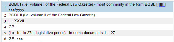 Screenshot of Trados Studio showing a list of abbreviations and segmentation exceptions. Highlighted text includes 'BGBl. I' and 'GP.' with explanations and examples.