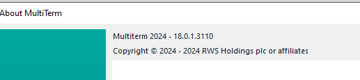 About MultiTerm window showing version number 18.0.1.3110 and copyright notice for RWS Holdings plc or affiliates for the years 2024.