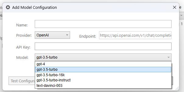 Screenshot of Trados Studio's 'Add Model Configuration' dialog box with 'Provider' set to OpenAI and 'Model' dropdown showing options including gpt-3.5-turbo, gpt-4, gpt-3.5-turbo-16k, gpt-3.5-turbo-instruct, and text-davinci-003.
