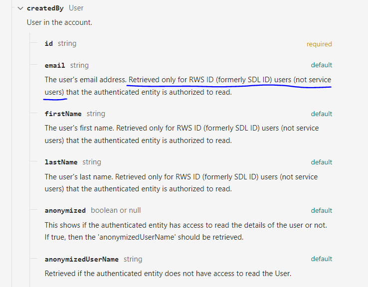 Screenshot of Trados Studio documentation section 'createdBy' showing fields 'id', 'email', 'firstName', 'lastName', 'anonymized', and 'anonymizedUserName' with descriptions. Note indicates email, firstName, and lastName not returned for service users.