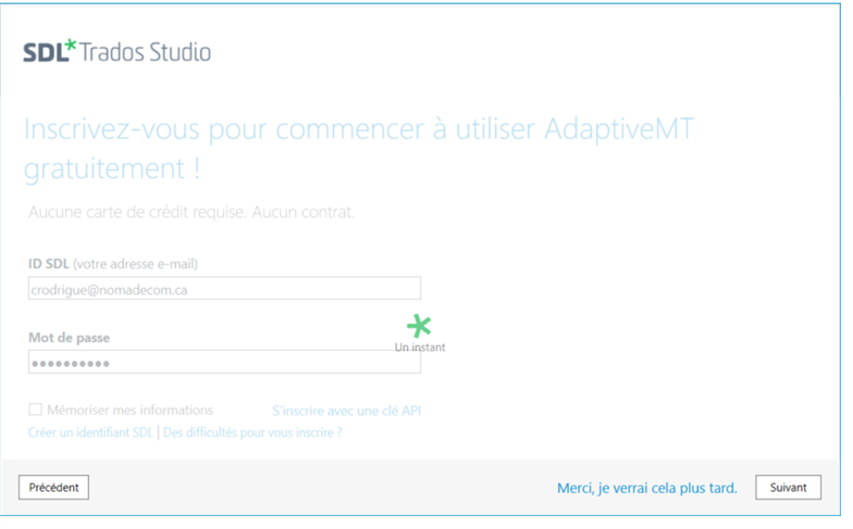 SDL Trados Studio prompt to sign up for using AdaptiveMT for free, with fields for SDL ID and password, and a 'Come back later' option.