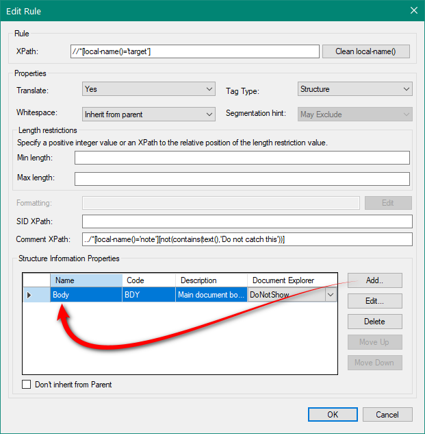 Trados Studio Edit Rule dialog showing an XPath rule with a red arrow pointing to the 'Body' structure information property.