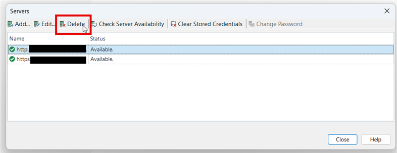Servers window in Trados Studio displaying a list of servers with the Delete button highlighted in red.