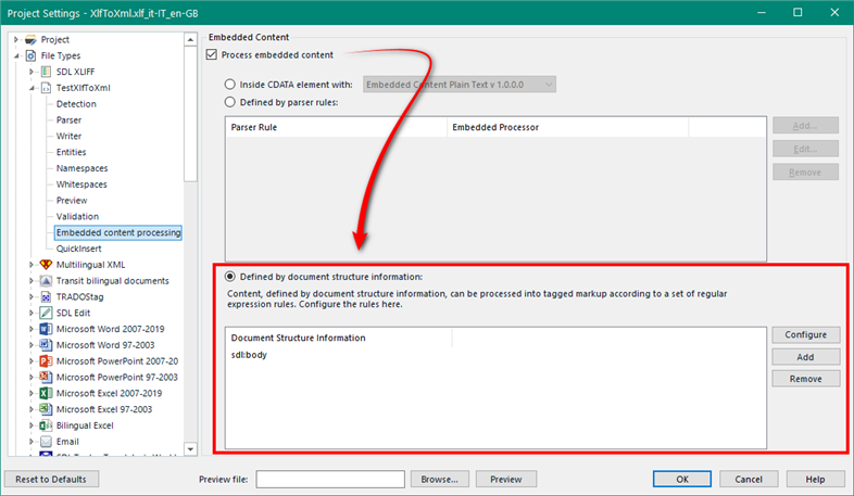 Trados Studio Project Settings dialog with Embedded Content section highlighted, showing 'Defined by document structure information' selected.