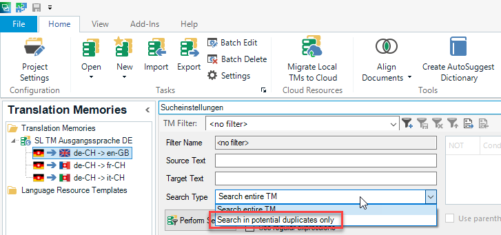 Screenshot of Trados Studio Translation Memories tab showing a dropdown menu with 'Search in potential duplicates only' option selected.