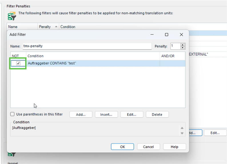 Filter penalties window showing a condition 'Auftraggeber CONTAINS test' with a checkbox selected, and a penalty value of 1 applied.