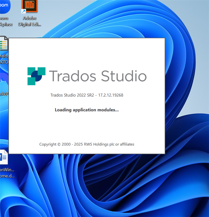 Trados Studio 2022 SR2 startup screen displaying version 17.2.12.19268 and message 'Loading application modules...' on a Windows 11 desktop background.